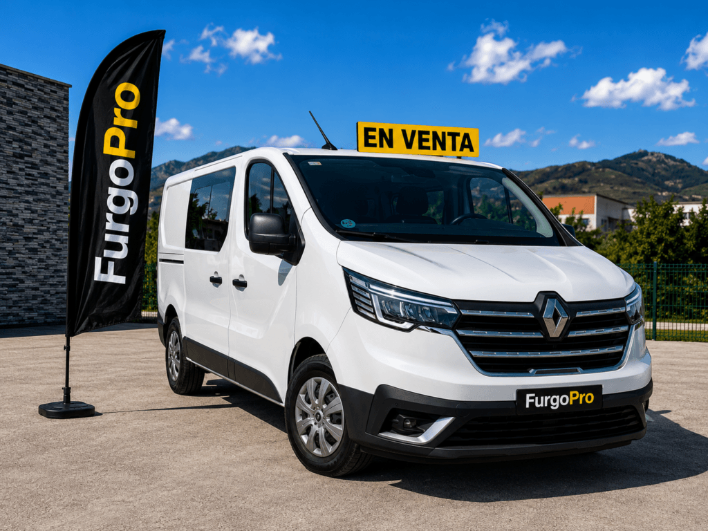 Renault Trafic blanca de ocasión vista lateral delantera en exposición FurgoPro con estética comercial premium y cartel en venta.