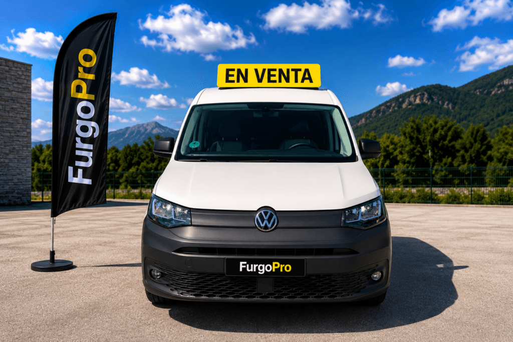 Vista frontal de Volkswagen Caddy 4motion blanca de nuevo modelo segunda mano con cartel amarillo EN VENTA, bandera corporativa FurgoPro y matrícula personalizada en un entorno exterior profesional.