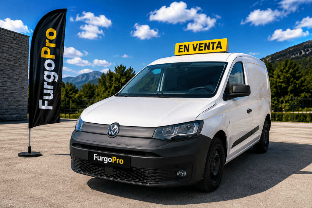 Volkswagen Caddy blanca de segunda mano en venta con cartel amarillo EN VENTA, bandera FurgoPro y matrícula corporativa en un entorno exterior profesional.