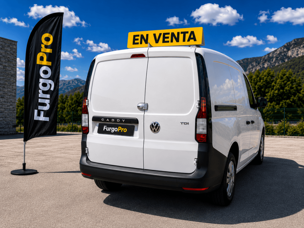 Vista trasera izquierda de Volkswagen Caddy blanca de segunda mano con cartel amarillo EN VENTA, bandera FurgoPro y matrícula personalizada en un entorno exterior profesional.