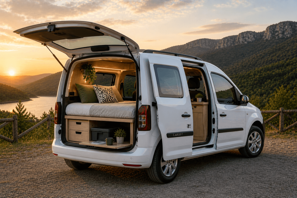 volkswagen caddy camperizada con porton trasero abierto mostrando cama y muebles interior en entorno natural lista para viajar furgoPro