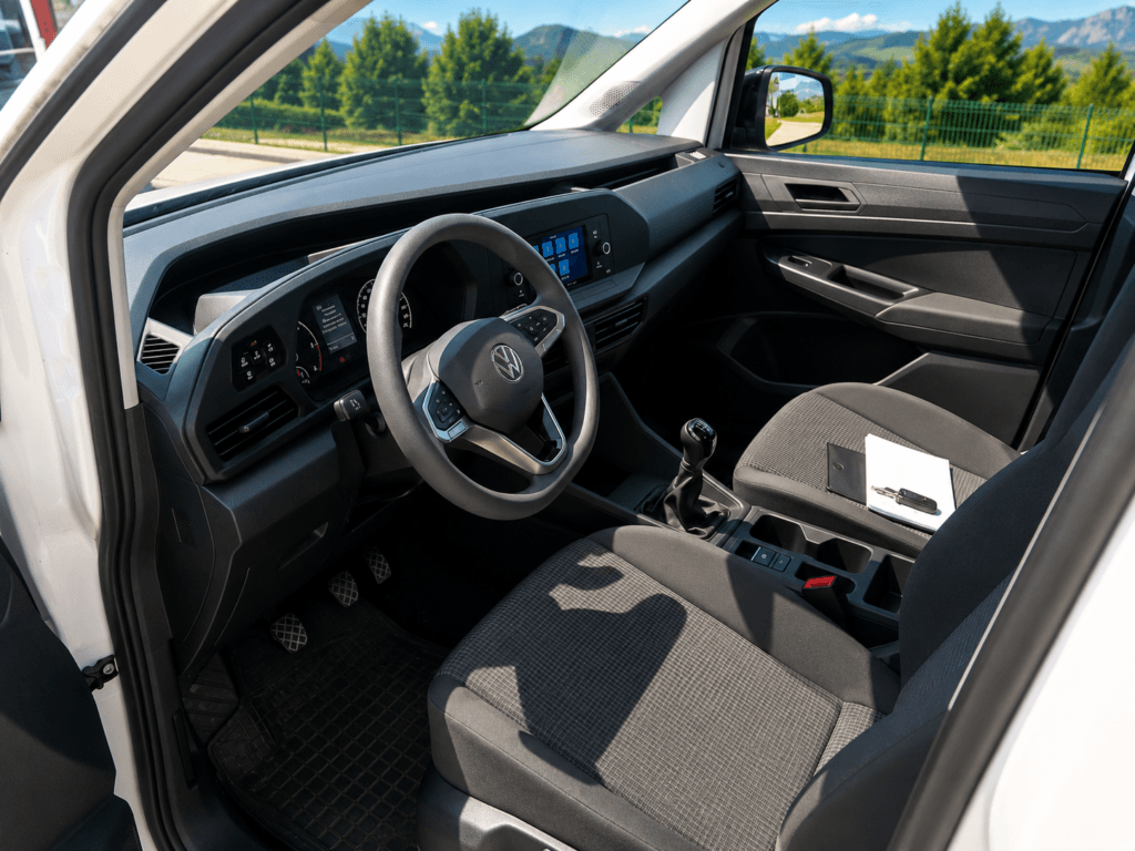 Interior cabina Volkswagen Caddy Origin 4Motion 2021 furgoneta diésel 122 CV con 38.477 km certificados
