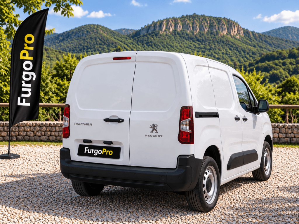 Peugeot Partner blanca de segunda mano vista trasera y lateral derecho, con puertas de carga