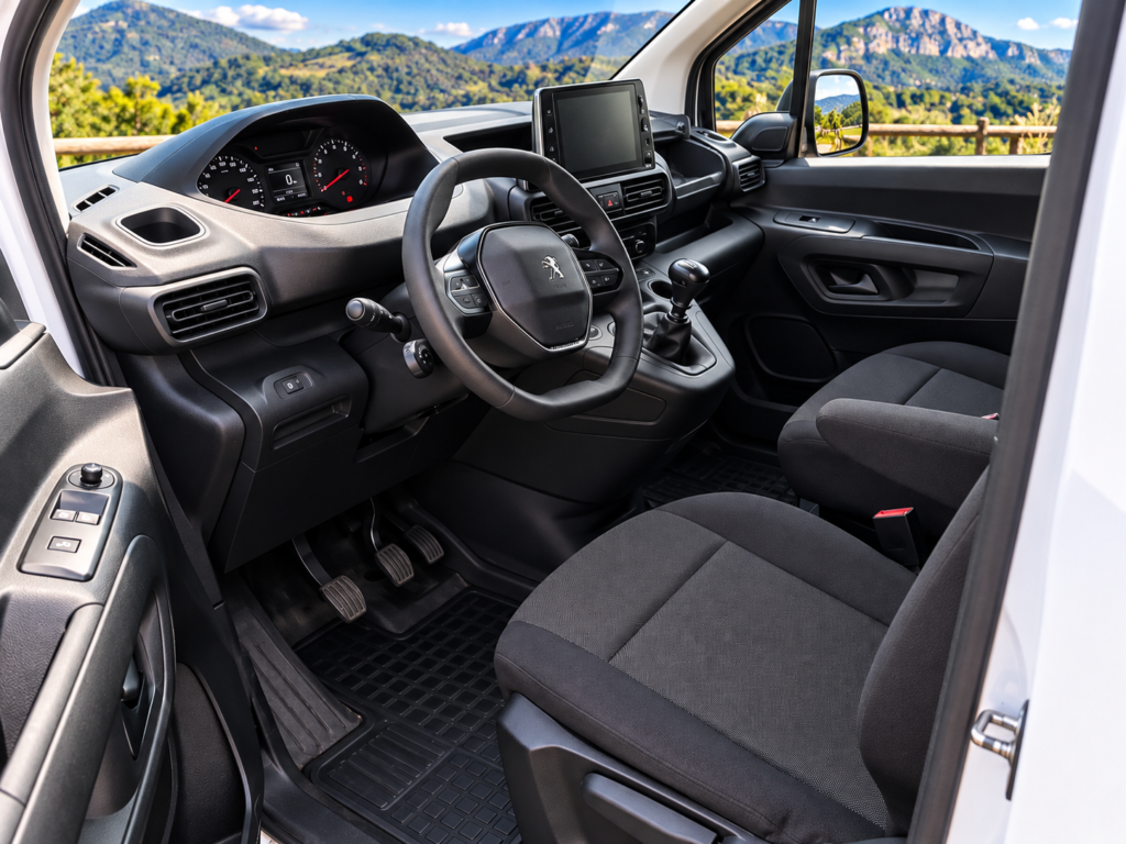 Interior de Peugeot Partner de segunda mano con volante multifunción, pantalla central, cambio manual